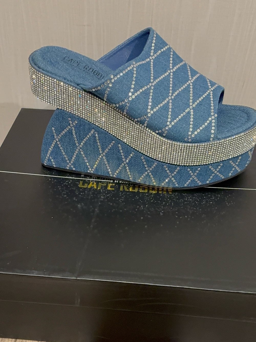 Cape Robbin Denim Blue Crystal-Embellished Platform Espadrille Slide